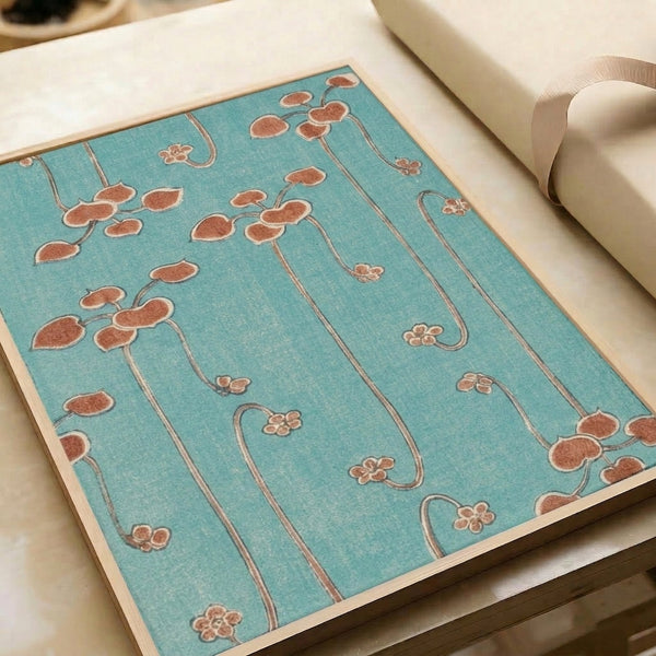 Vintage Japandi botanical art displaying stylized plant stems and blooms in soft turquoise, terracotta, and neutral palette.