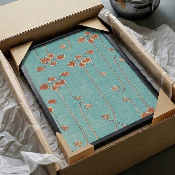 Art Nouveau plant illustration featuring organic leaf and flower shapes in serene turquoise, cream, and warm earth tones.