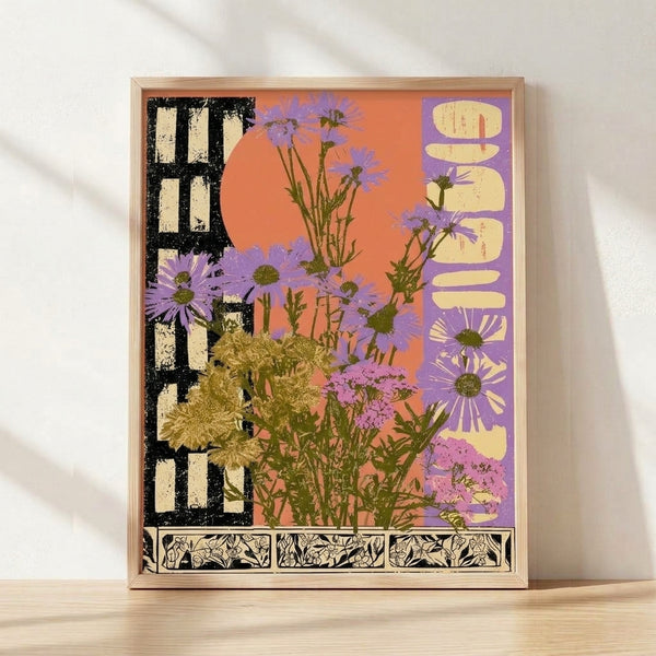 Retro art nouveau wildflower bouquet poster with vibrant orange and purple daisies, olive green stems, and cream background, framed on wall.
