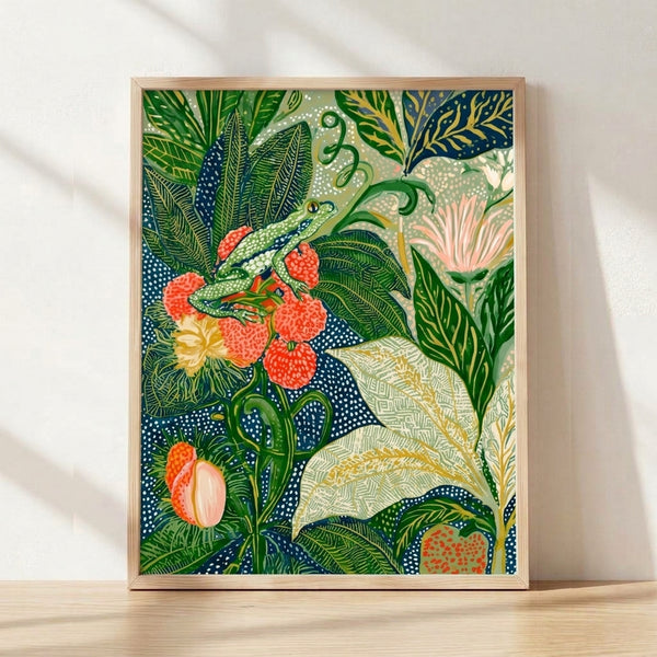 Art Nouveau botanical illustration featuring a contemplative frog surrounded by coral blossoms, lush ferns, and delicate vines in forest green, coral red, navy and cream tones.