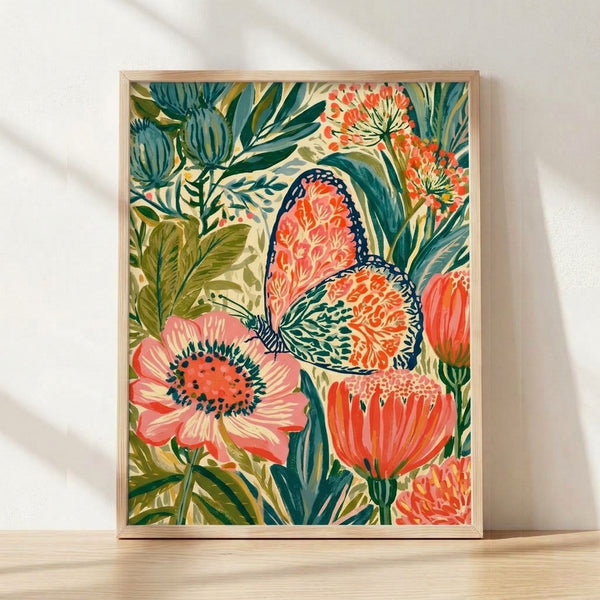 Art Nouveau framed poster featuring an orange monarch butterfly perched among delicate coral and teal botanical flowers with olive green leaves, rendered in a whimsical romantic style.