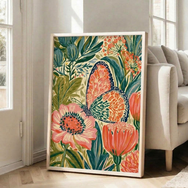 Boho wall art print showcasing a graceful monarch butterfly surrounded by flowering plants in cream, coral, and navy tones with naturalistic garden foliage.