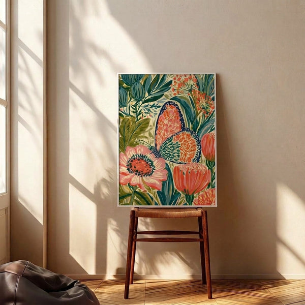 Framed botanical wall art with an ornate Art Nouveau design of a monarch butterfly nestled in romantic floral arrangements rendered in coral, teal, and earthy green hues.