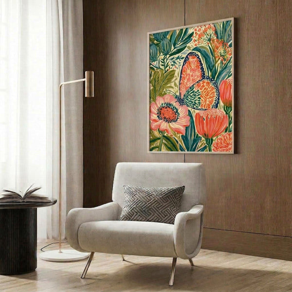 Whimsical nature-inspired poster displaying a monarch butterfly among lush botanical elements in a sophisticated palette of navy, coral, cream, and olive green.