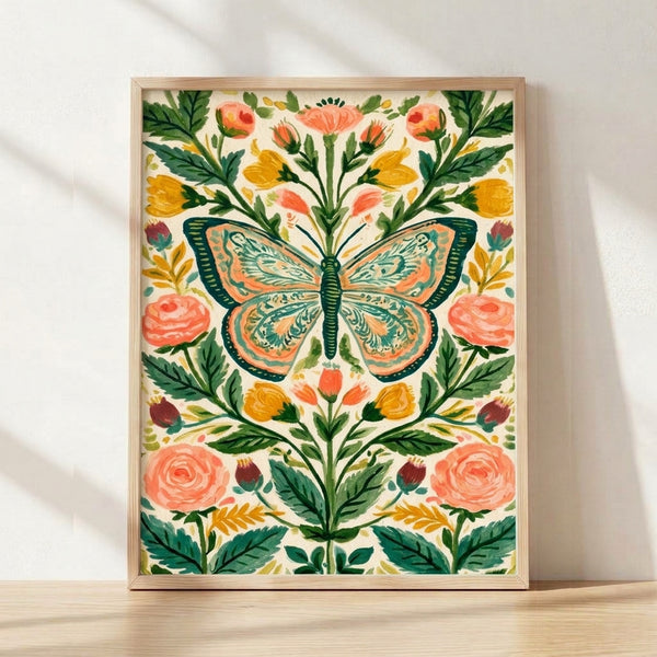 Art Nouveau poster featuring a monarch butterfly among blooming roses and botanical foliage in cream, coral pink, golden yellow, and forest green tones, framed on wall.