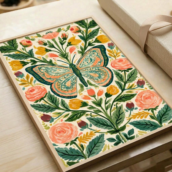 Framed poster blending Art Nouveau elegance with naturalistic wonder, depicting a butterfly and flowering roses in a botanical composition of golden yellow, coral, and deep forest hues.
