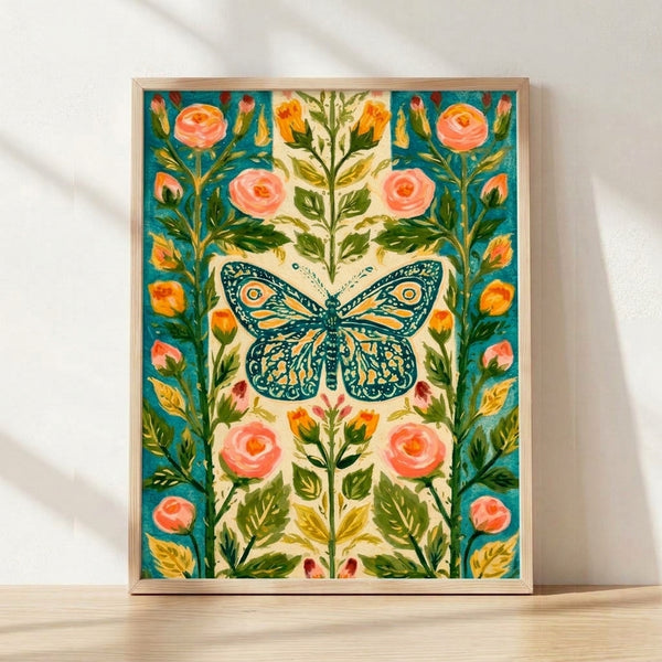 Teal monarch butterfly rests among coral roses and green foliage in an art nouveau folk art style, framed poster print with peaceful, whimsical botanical design in cream, gold, and forest green tones.