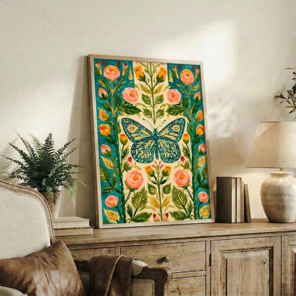 Framed art print featuring a teal monarch butterfly surrounded by romantic rose garden blooms in boho folk art style with warm coral and gold accents on cream background.