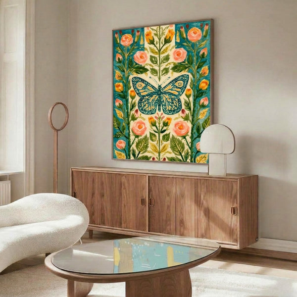 Boho nature poster of a teal monarch butterfly amid blooming roses and garden foliage, rendered in folk art style with coral, gold, and forest green hues creating a peaceful, dreamy mood.
