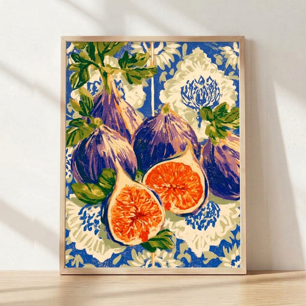 Art Nouveau style still life poster featuring fresh figs and botanical elements in cobalt blue, cream, and sage green tones, evoking vintage elegance on a framed wall.