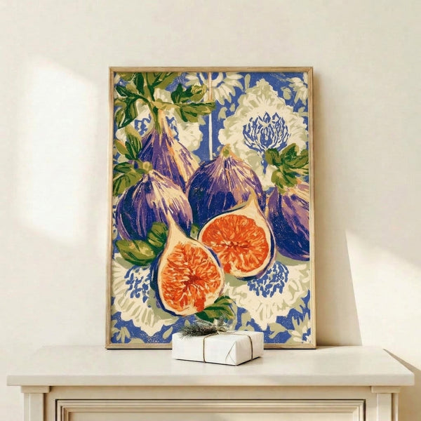 Framed botanical print with Art Nouveau design showcasing figs and delicate florals in purple, coral orange, and cream against a rich blue background, luxurious and naturalistic.