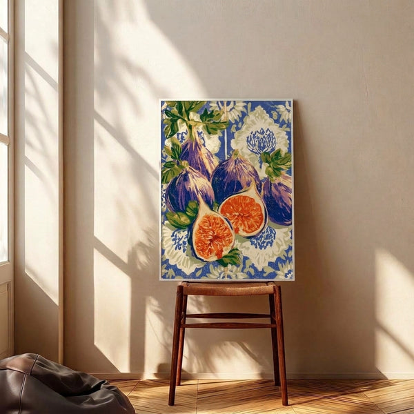 Elegant Art Nouveau fruit and flower composition centered on figs with ornamental details in sage green, cobalt blue, and warm coral hues, printed as a vintage wall poster.