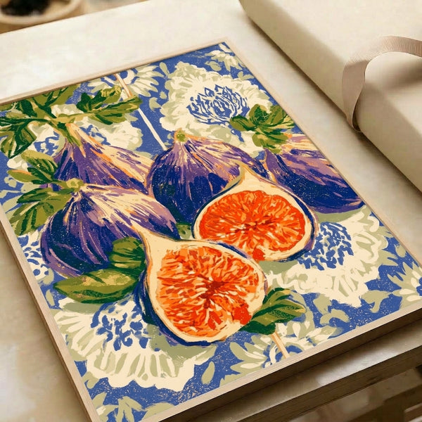 Vintage-style botanical poster in Art Nouveau tradition featuring figs with graceful plant forms in cream, purple, and blue tones, displaying a luxurious naturalistic aesthetic on display.