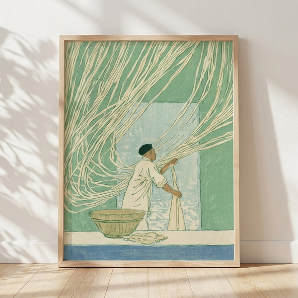Sage green and cream vintage woodblock print depicting an artisanal noodle maker by a window with nets and basket, evoking serene nostalgia.