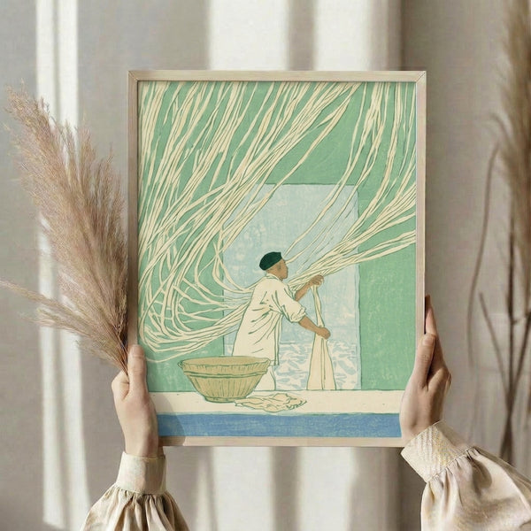 Soft blue and tan woodblock-style poster showing a contemplative figure with fishing nets and water, reminiscent of folk art traditions.