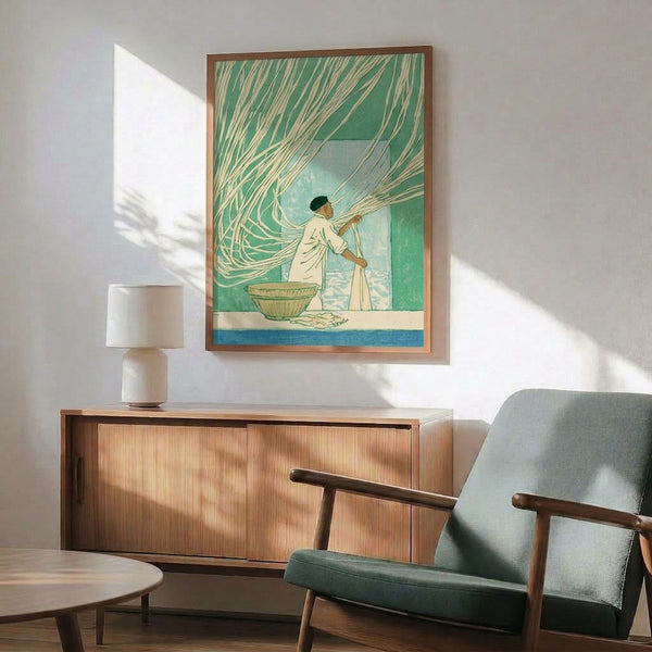 Vintage-inspired woodblock art in muted sage and cream tones featuring a craftsperson with nets and vessel near water, framed on wall.