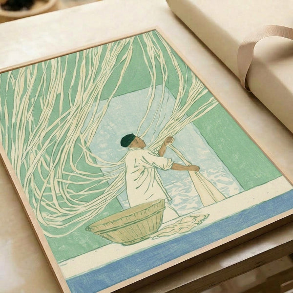 Nostalgic woodblock print with delicate soft blue and tan palette showing an artisan engaged in traditional noodle or craft work by a window.