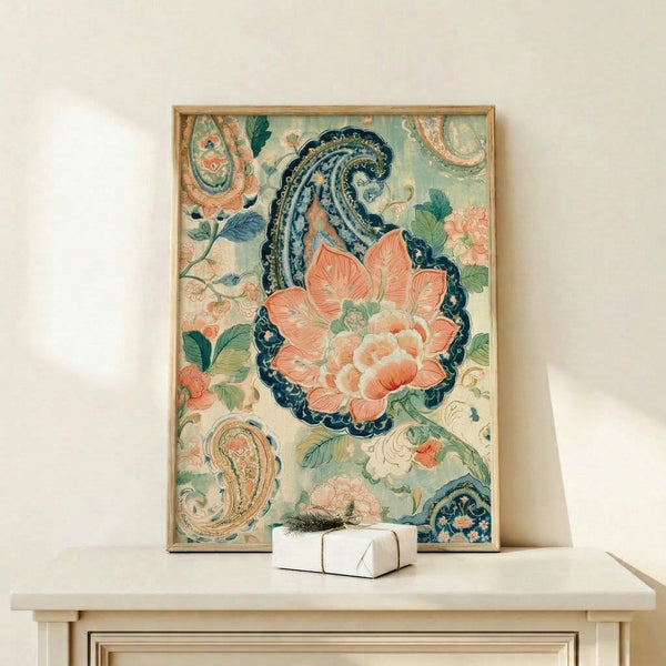 Vintage-inspired floral poster featuring elegant peonies and flowing paisley motifs in warm coral and cool sage tones with navy details and golden highlights.