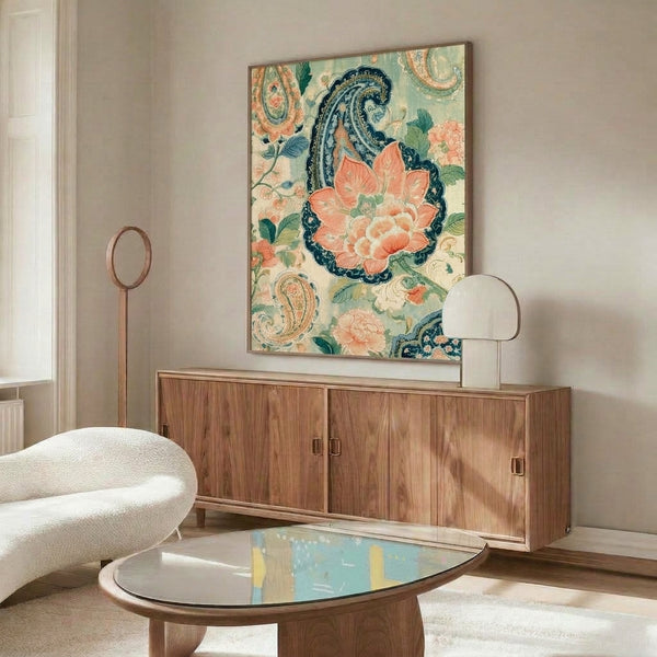 Romantic boho wall art with intricate Art Nouveau florals and paisley patterns in coral, sage green, navy, and cream with luxurious gold embellishments.