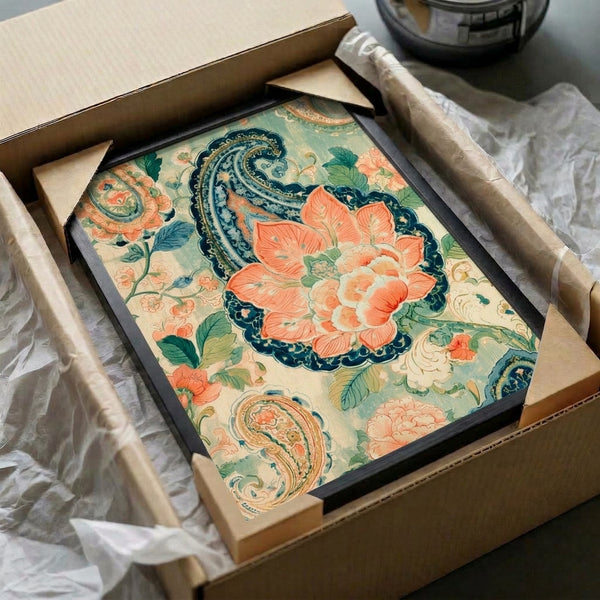Chinoiserie-style framed botanical print showcasing ornate peonies and paisley designs in a sophisticated palette of coral, sage, navy, and cream with gilt accents.