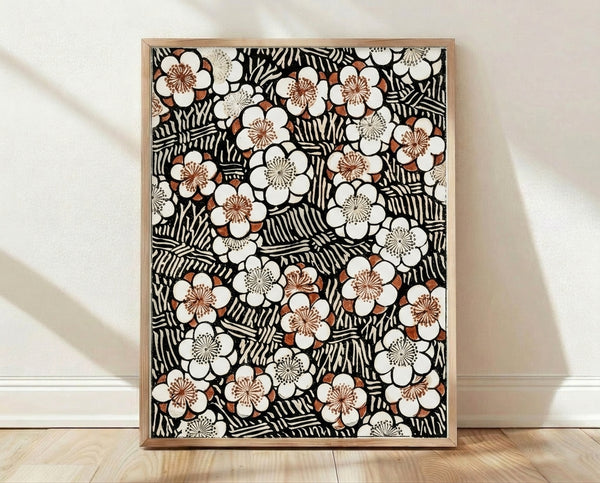 Art Nouveau plum blossom pattern with flowing botanical lines and ornate foliage in cream, black, and rust brown, framed as a vintage wall art print.
