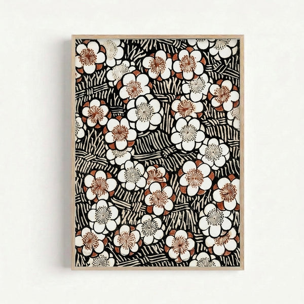 Elegant Art Nouveau floral design featuring stylized plum blossoms and rhythmic leaf motifs in a sophisticated cream and black palette, displayed as a framed botanical print.
