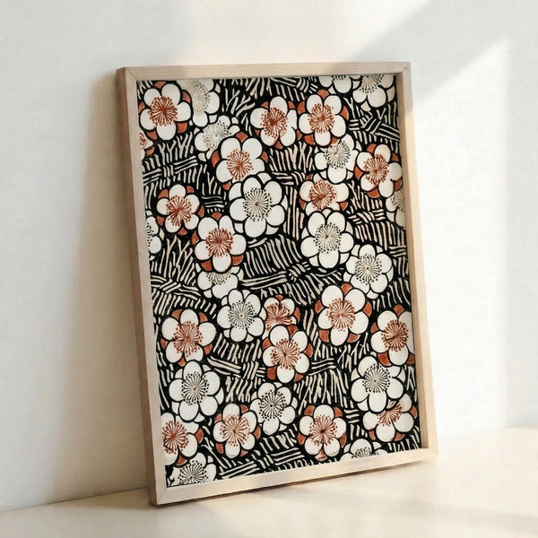 Nature-inspired Art Nouveau line art poster showcasing delicate plum flowers and flowing foliage in cream, black, and warm rust tones, mounted in a frame.
