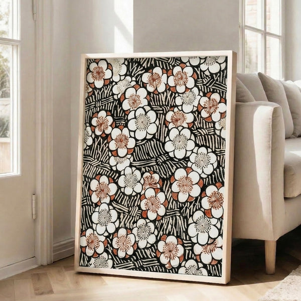 Vintage Art Nouveau flower pattern with ornamental blooms and organic botanical details rendered in cream, rust, and black, presented as a framed wall art piece.