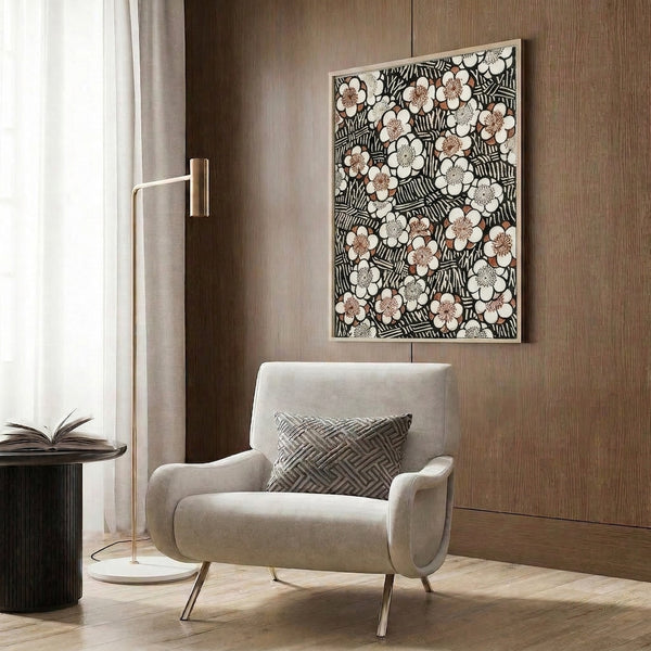 Art Nouveau botanical print featuring intricately patterned plum blossoms and sinuous leaves in off-white, black, and rust brown, framed for wall display.