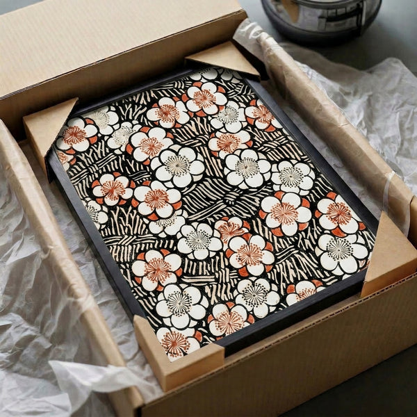 Nature-inspired Art Nouveau composition of flowing blossoms and ornate leaf patterns in cream, rust brown, and black, displayed as a framed botanical art print.