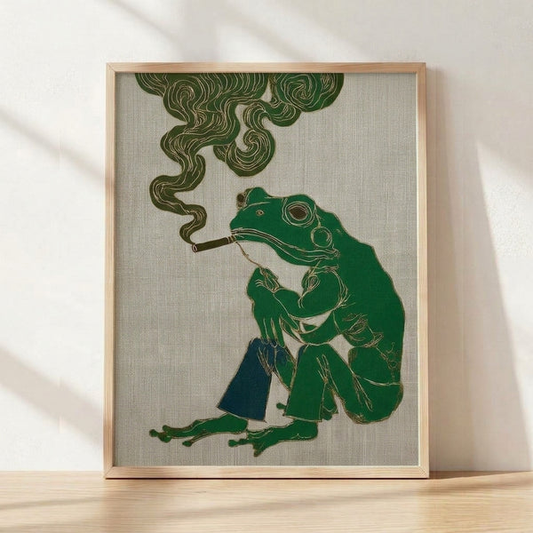 Art Nouveau line art poster featuring an elegant frog in a flowing robe smoking a pipe, rendered in forest green, olive, and cream with gold outlines on a dark blue background.