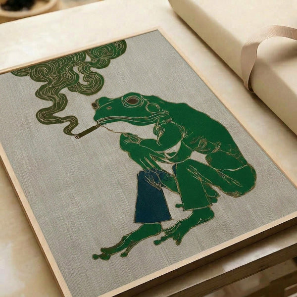 Whimsical framed poster depicting a frog in a flowing robe smoking a contemplative pipe, rendered in Art Nouveau style with forest green and olive tones complemented by cream and gold detailing.