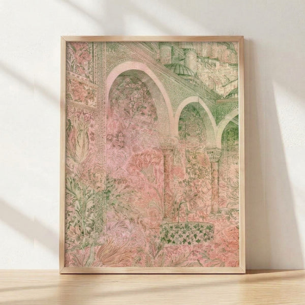 Art Nouveau framed poster featuring ornamental garden arches adorned with climbing roses and lush foliage in rose pink, sage green, and cream tones, evoking a romantic vintage garden fantasy.