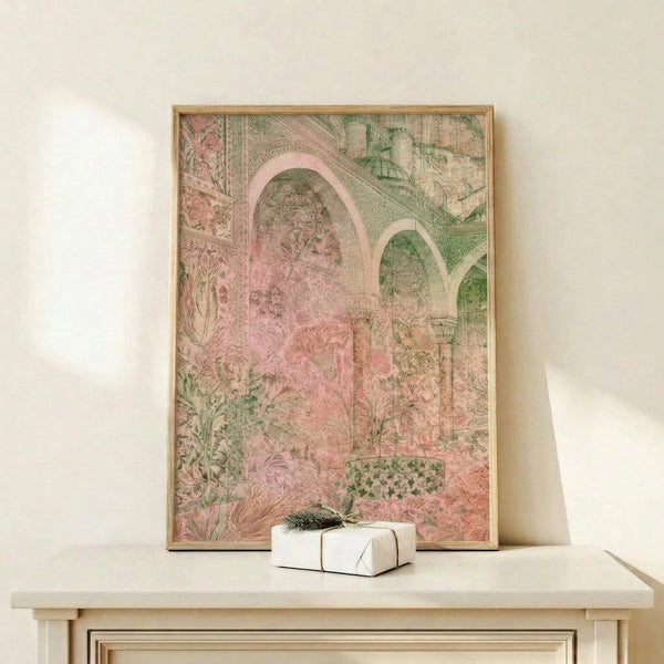 Vintage-style art print depicting elegant architectural arches draped with flowering vines and botanical elements in dusty coral and olive greens, characteristic of Art Nouveau design.