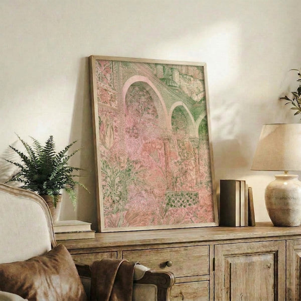 Framed Art Nouveau poster with ornate garden architecture and flowering roses in soft pink and sage palette, capturing a tranquil, romantic garden fantasy aesthetic.