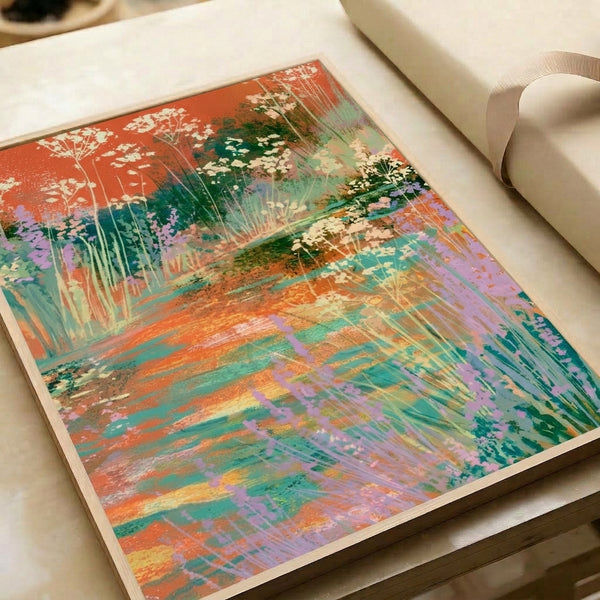 Dreamy botanical framed print featuring a winding path through flowering meadows in warm terracotta tones, cool lavender blossoms, and a peaceful teal stream amid verdant sage greenery.