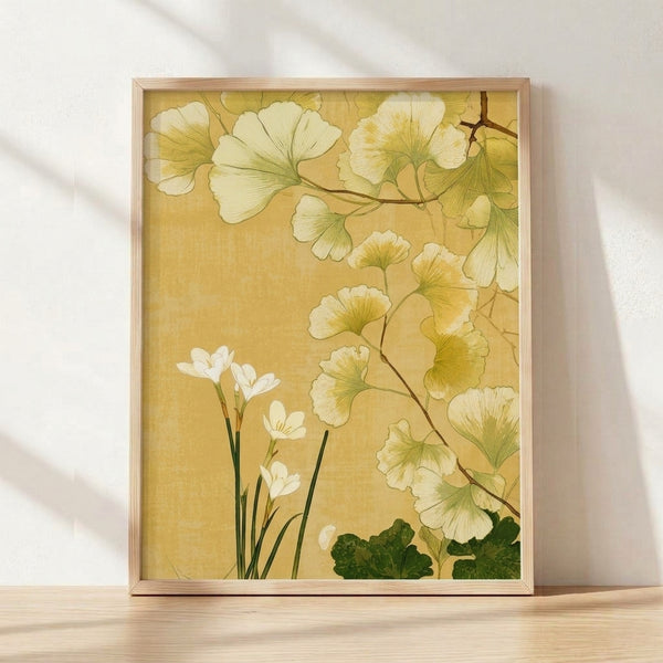 Elegant watercolor ginkgo leaves in golden yellow and sage green tones, painted in Art Nouveau style with naturalistic botanical detail on a framed poster.