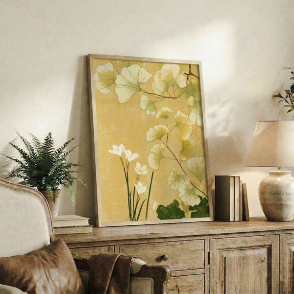 Serene Art Nouveau watercolor depicting ginkgo biloba branch with cream, golden, and olive-toned foliage in soft, flowing brushstrokes as a framed wall print.