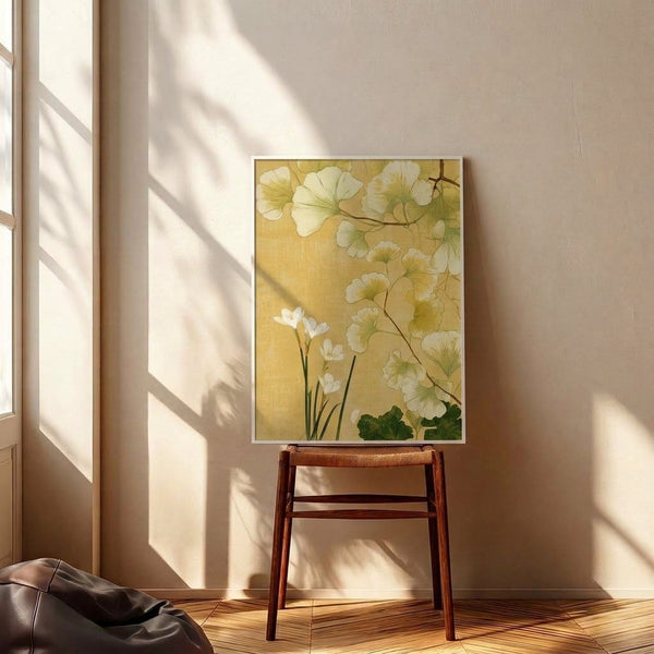 Golden ginkgo leaves rendered in delicate watercolor with sage and brown accents, showcasing graceful Art Nouveau aesthetics in a framed botanical art print.