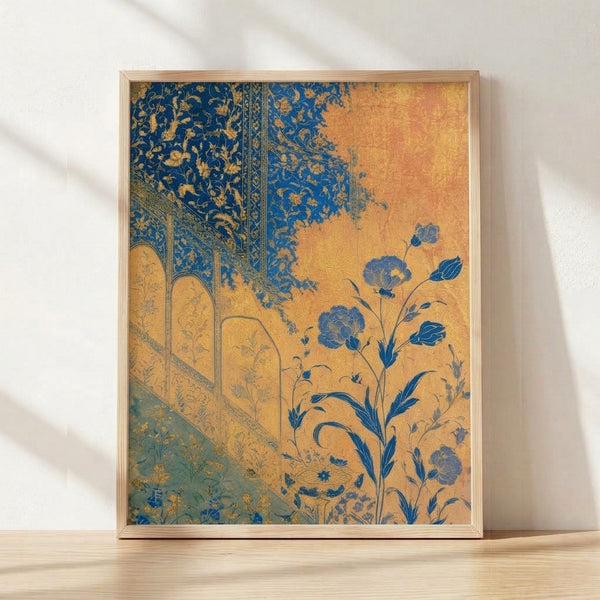 Art Nouveau framed poster featuring an ornate Persian garden manuscript with peonies and flowing foliage in deep blue, gold, and cream tones, evoking timeless elegance.