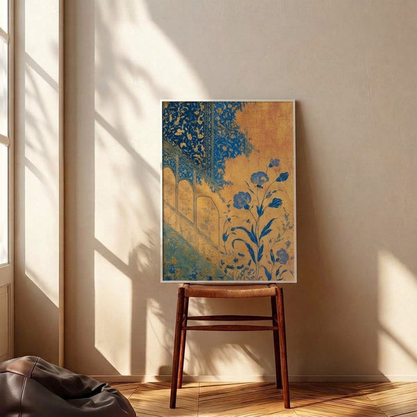 Vintage-style wall art inspired by Persian manuscript design, displaying intricate peonies and sage green leaves with gold accents in an Art Nouveau aesthetic.