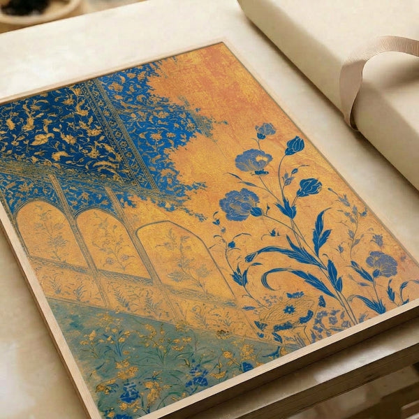 Framed decorative print showcasing an ornamental garden scene with blooming peonies and botanical elements rendered in rich deep blue, cream, and gold in the Art Nouveau style.