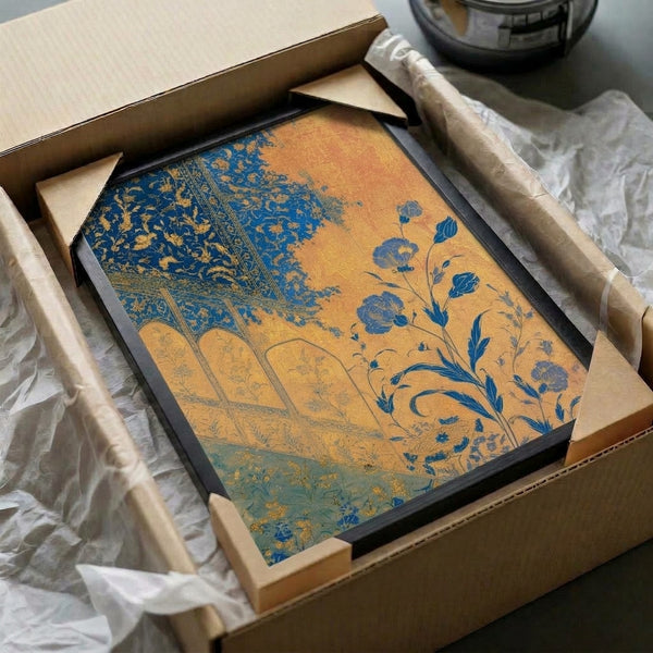 Antique-inspired art print with an elegant Persian garden motif featuring peonies, delicate foliage, and ornate gold detailing on deep blue and cream background.