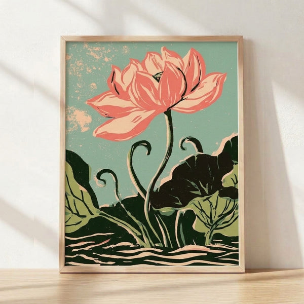 Coral lotus flower with sage green leaves in Art Nouveau style, framed poster with elegant black linework and gold accents on cream background.