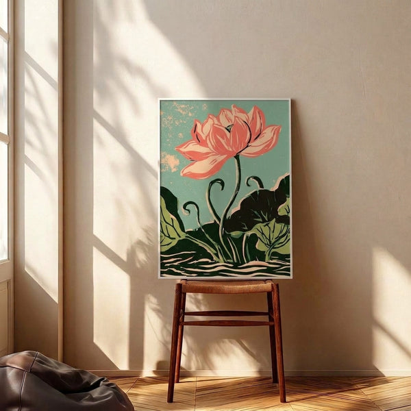 Minimalist Art Nouveau lotus bloom in coral and sage green tones, serene botanical poster with vintage-inspired design and decorative gold speckles.