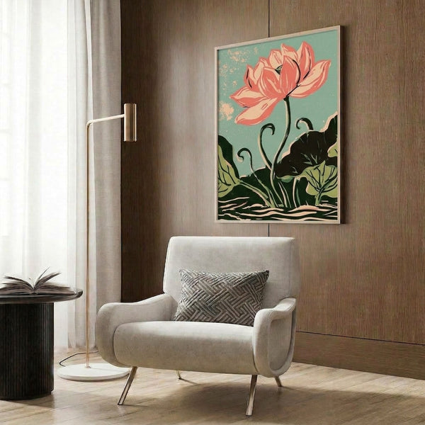 Elegant lotus flower art print featuring coral petals and sage green foliage in Art Nouveau aesthetic, vintage botanical framed wall art with black outlines.