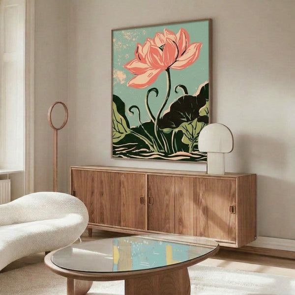 Serene botanical lotus poster in coral, sage green, and cream with Art Nouveau styling, framed wall art combining minimalist elegance and vintage floral grace.