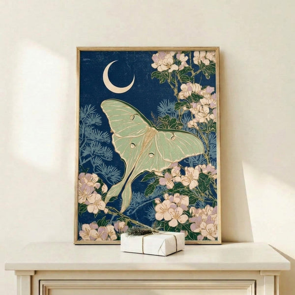 Elegant vintage-style moth and moon artwork with delicate flowers in muted sage and blush hues, featuring minimalist Art Nouveau design.