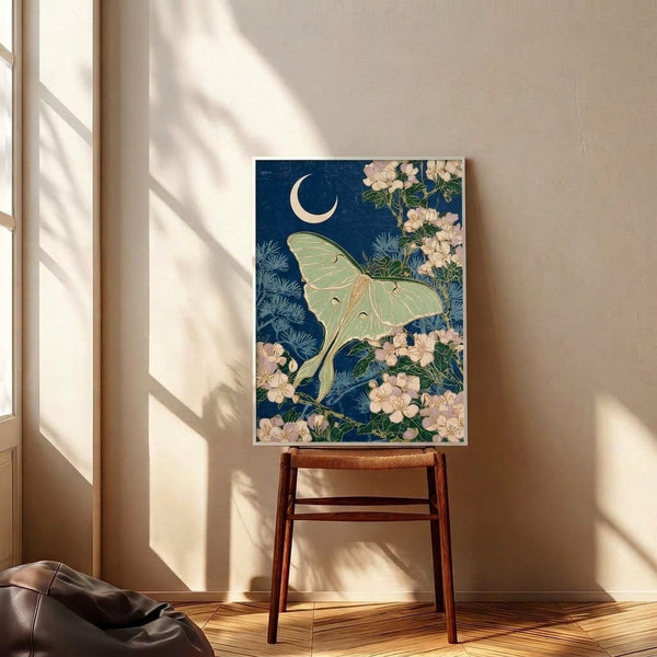 Serene nocturnal-inspired framed art print depicting a luna moth beside a crescent moon surrounded by stylized botanical forms in soft earth tones and navy.