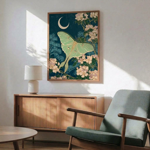 Minimalist Art Nouveau poster featuring a graceful moth, moon, and flowering plants rendered in calming sage green, cream, and deep blue palette.